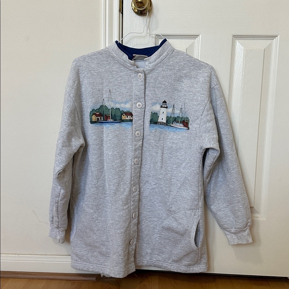 Vintage Gray Graphic Button Up Jacket by Day Breeze